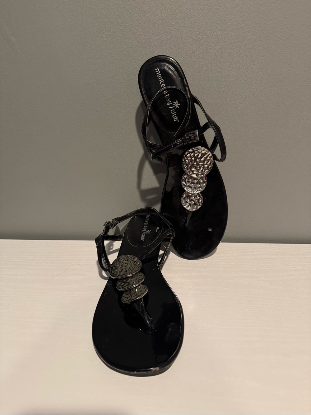 Montego Bay Club Black Jeweled T-Strap Sandals with Silver Accents